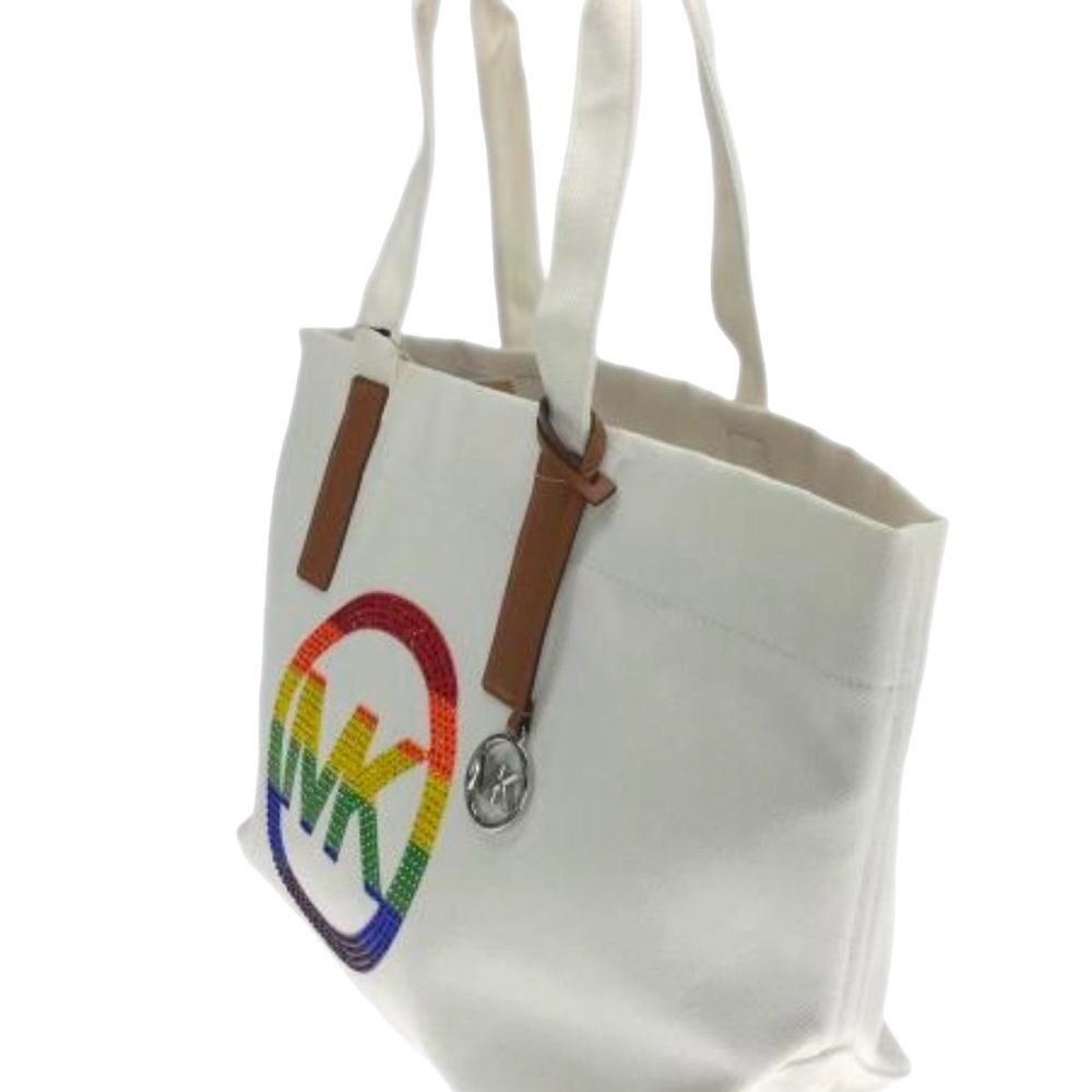 MICHAEL KORS LARGE EMBELLISHED LOGO CANVAS TOTE BAG - Picture 4 of 12